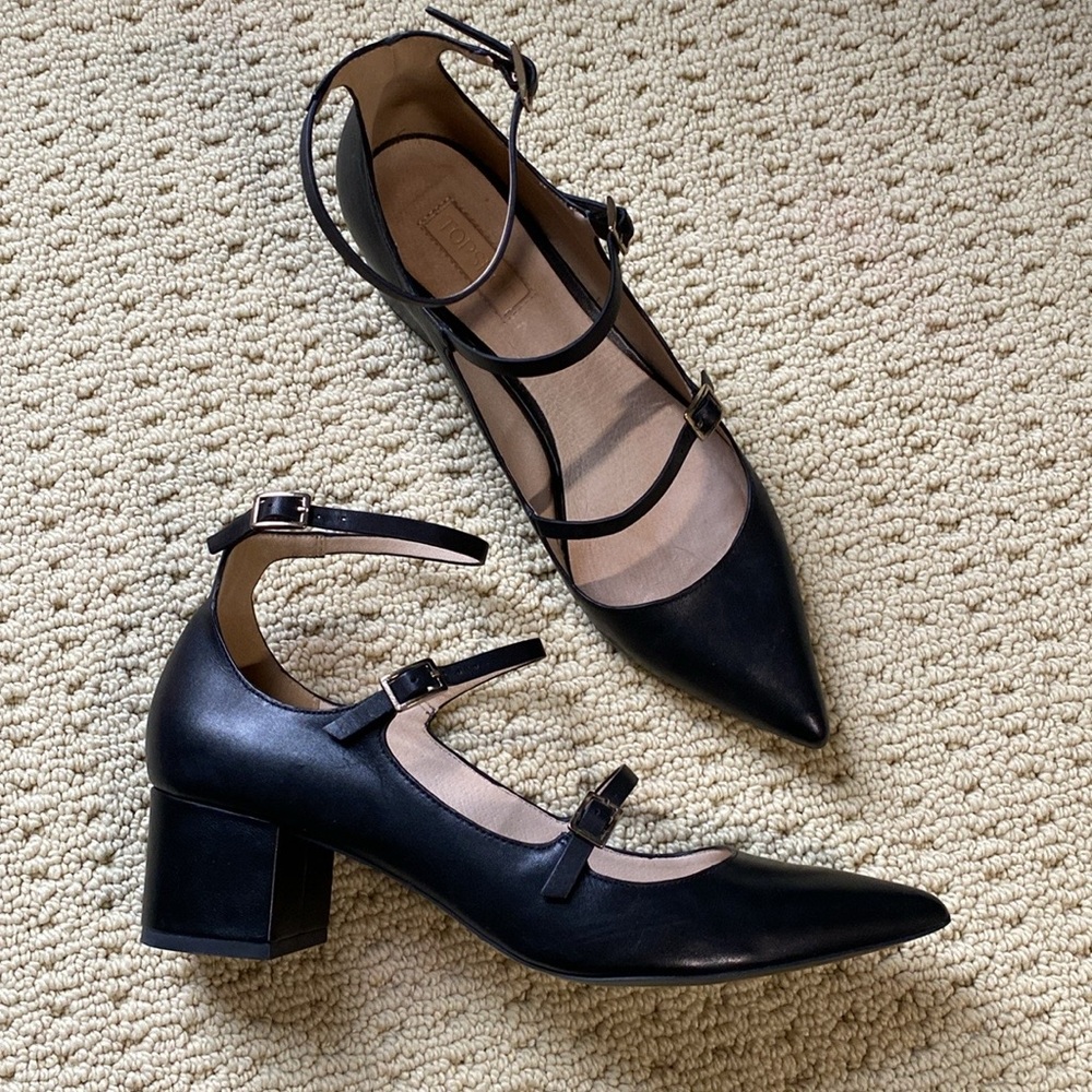 Topshop Women’s black double strap mary jane pointed toe block heels size 8.5